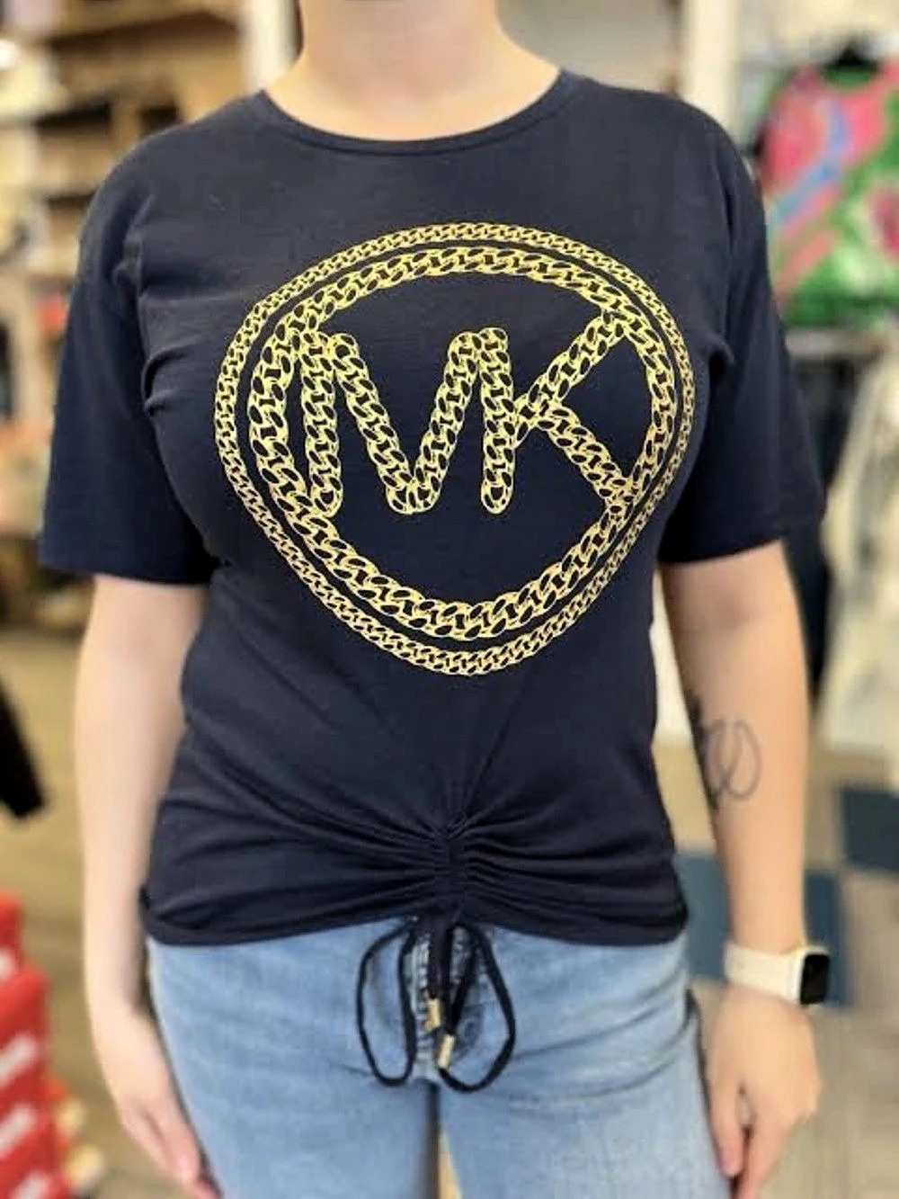 Michael Kors Chain Link Logo Drawstring Hem T-Shirt Black & Gold XS